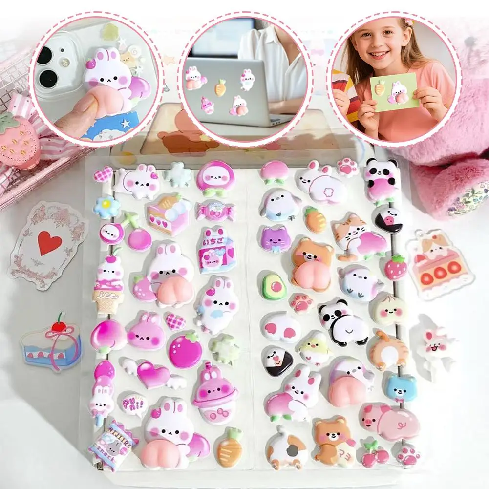 Cute 3D Bunny Stickers Soft Cute Butt Sticker Pinch Music 3D Children's Cartoon Animal Decompression Decoration DIY Sticker