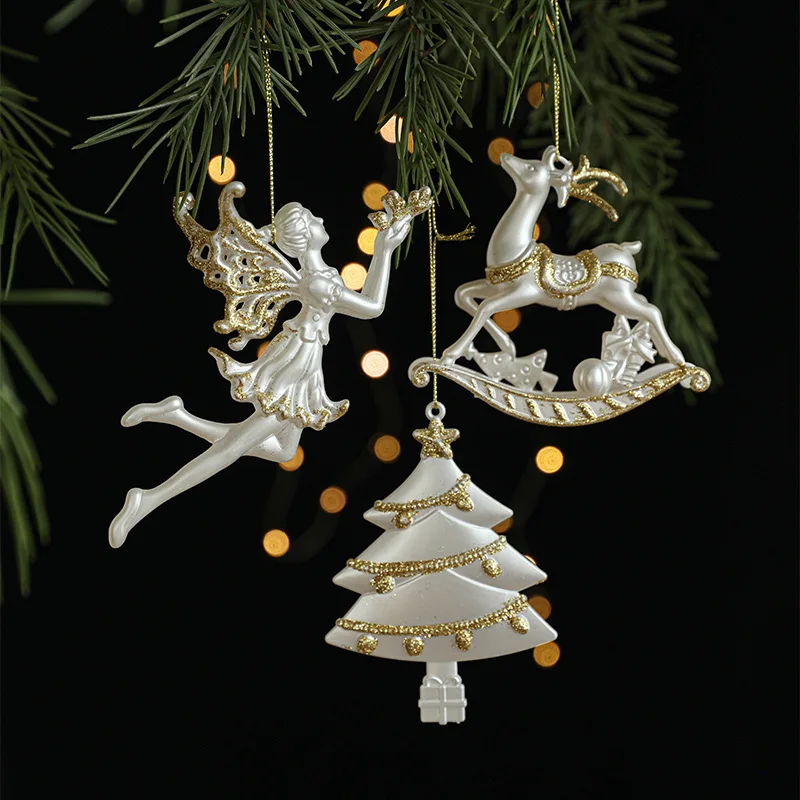 Glitter White Christmas Tree Ornaments Angel Elk Xmas Tree Hanging Pendants New Year Party Navidad Gifts Home Decorations