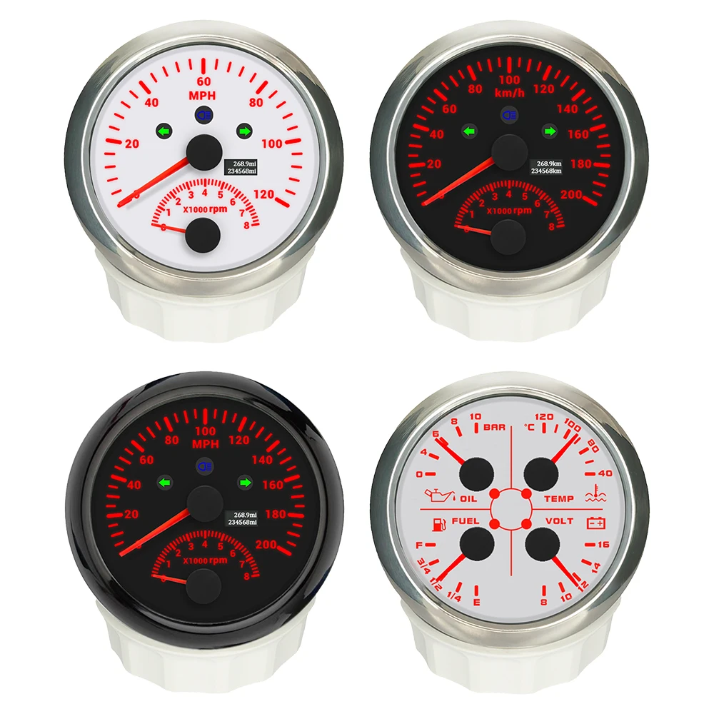 ELING 85mm 4 in 1 Oil Press 40-120℃ Water Temp Fuel Level Voltmeter Gauge+With 120km/h 200MPH GPS Speedometer Tachometer Meter