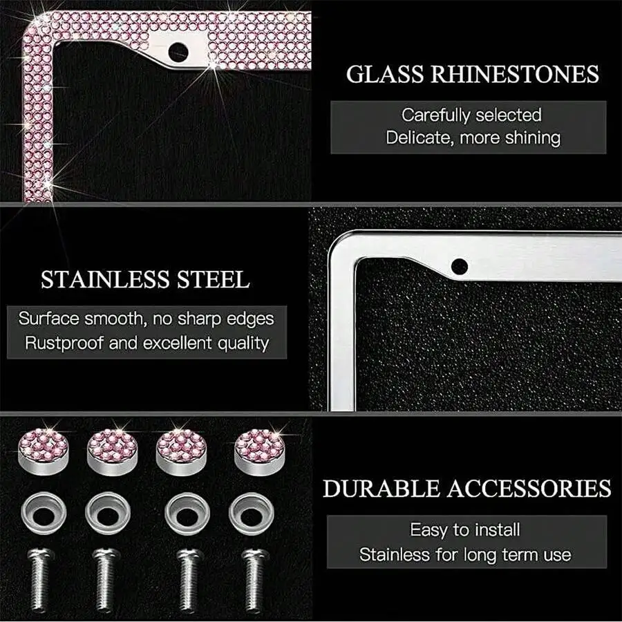 

Pink Rhinestone License Plate Frame Stainless Steel Car Decorative Cover