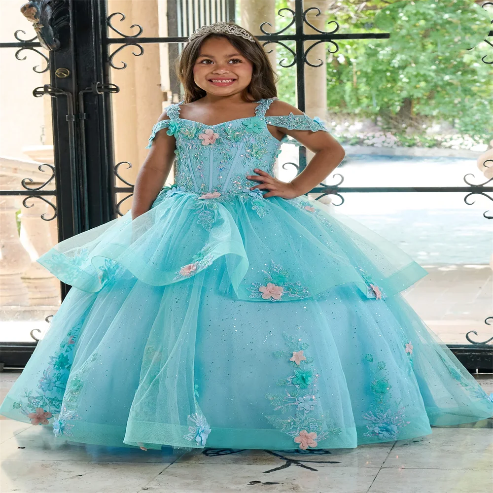 Off the Shoulder Flower Girl Dresses for Wedding Ruffles Sequins Floor Length Girl Kids Birthday Party First Holy Communion Gown