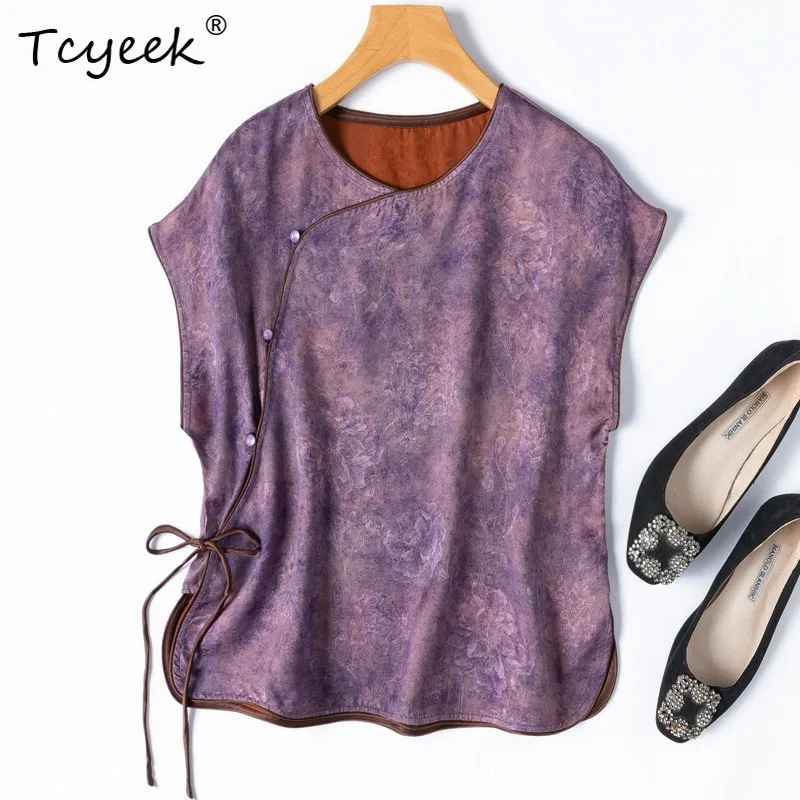 Tcyeek 100% Real Silk Women Tops 2026 Summer High-quality New Chinese-style Breathable Lace-up Shirt Woman Clothes Chemise Femme
