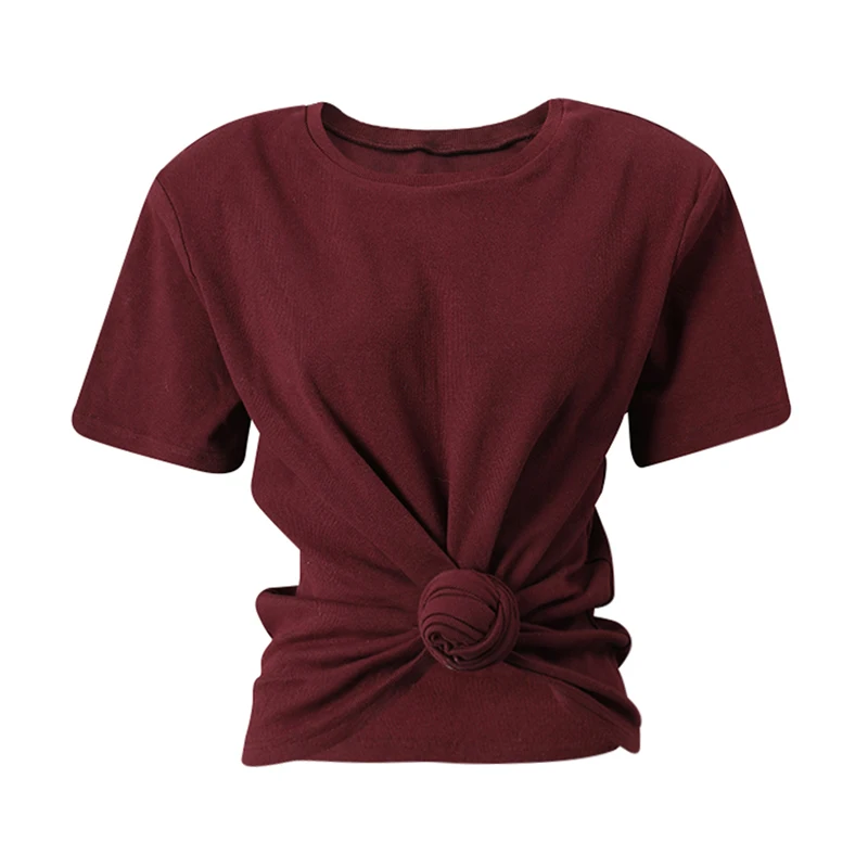 DEAT 2025 صيف جديد موضة عقدة تصميم تي شيرت للنساء عادية سليم صالح مبطن الكتفين قصيرة الأكمام قمة الإناث 11A04691