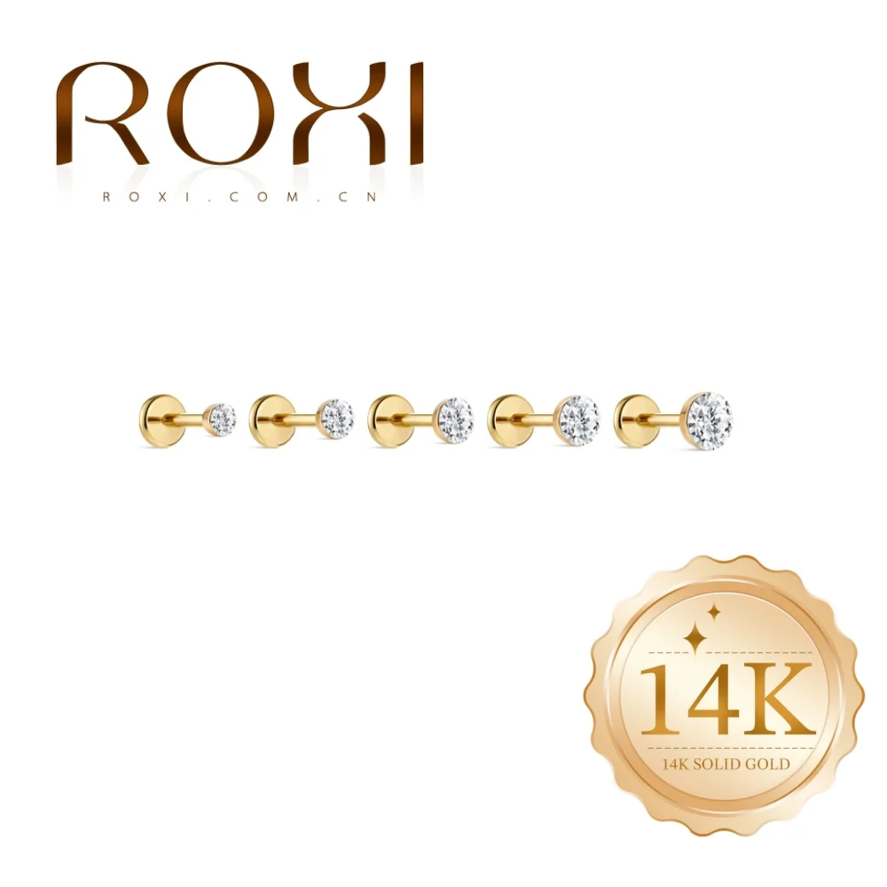 

ROXI 1PC 5/6/8mm 14K Solid Gold Classic Round Bezel-set CZ Hypoallergenic Flat Back Piercing Stud Jewelry for Women