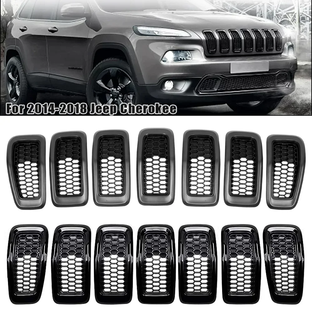 7pcs Car Front Grill Honeycomb Mesh Insert Cover Trim ABS Racing Front Bumper Vent Hole Grille Cover For 2014-2018 Jeep Cherokee