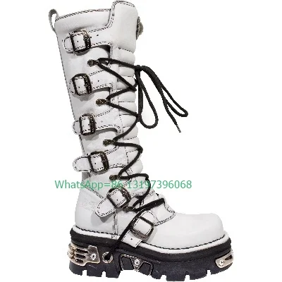 Lady White Black Punk Spike Rievt Design Calf Boots Footwear Cowboy Buckle Strap Zip Boots Platform Gothic Style Runway Boots 46