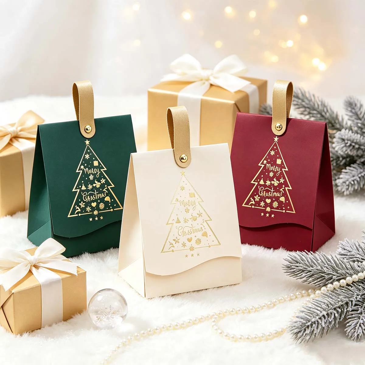 10pcs Christmas Tree Gift bags - with leather handles, Christmas pie gift wrapping, pie gifts and winter New Year gift bags
