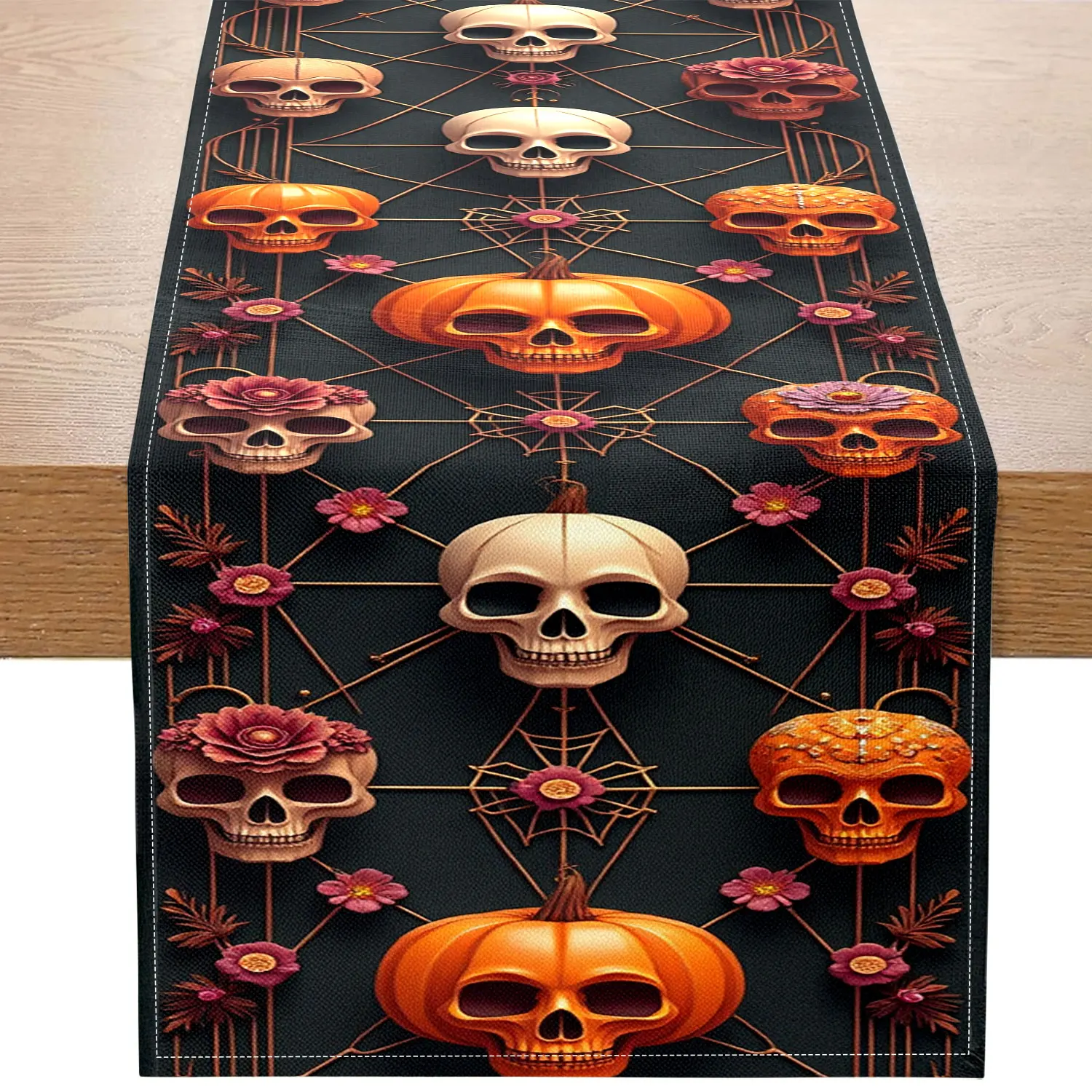 

1 Halloween Skeleton Pumpkin Themed Table Runner, Dark Green Background with Colorful Skeleton, Pumpkin, and Floral Metal Patterns, Suitable for Halloween Parties, Themed Restaurants, Horror Atmosphere Decoration, Creative Studios, Holiday Decorations, Un