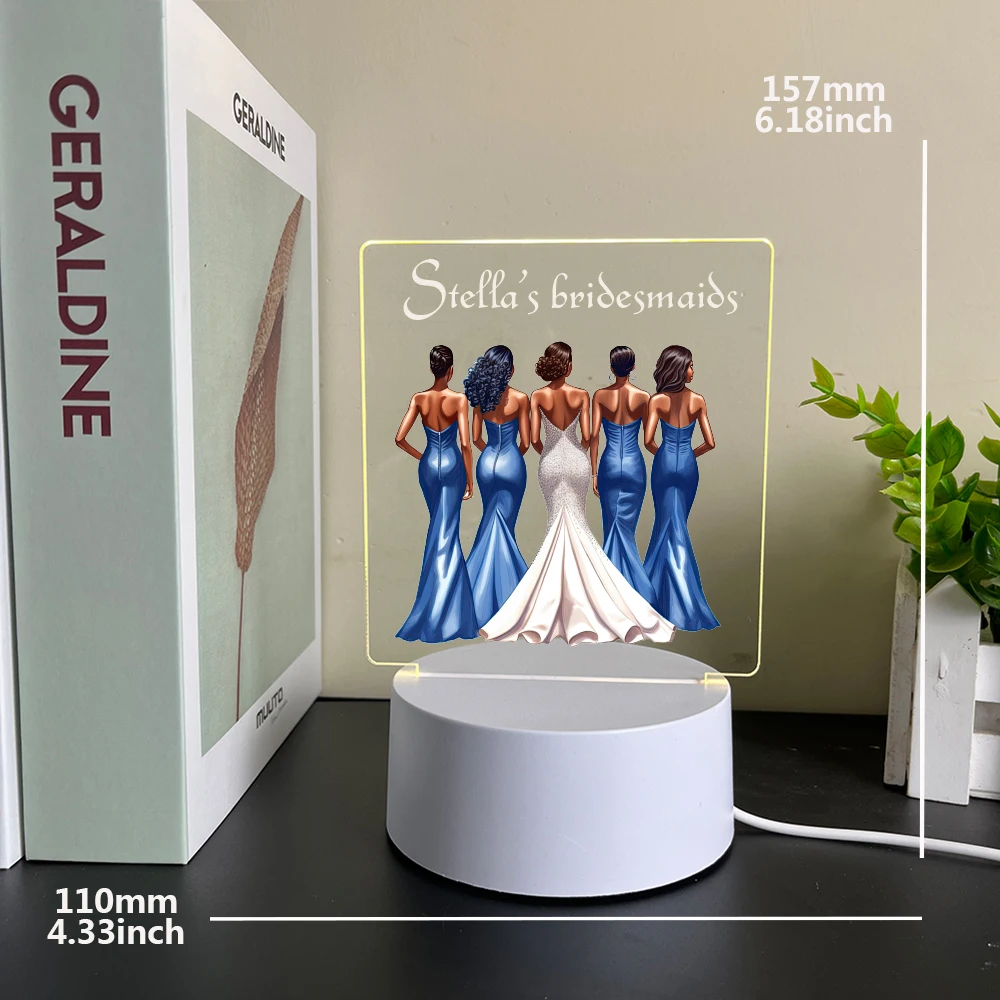 Square Warm Night Light Customized Bridesmaid Group Pattern Design USB Desktop Decoration Acrylic LED Gift for Bridesmaids and F