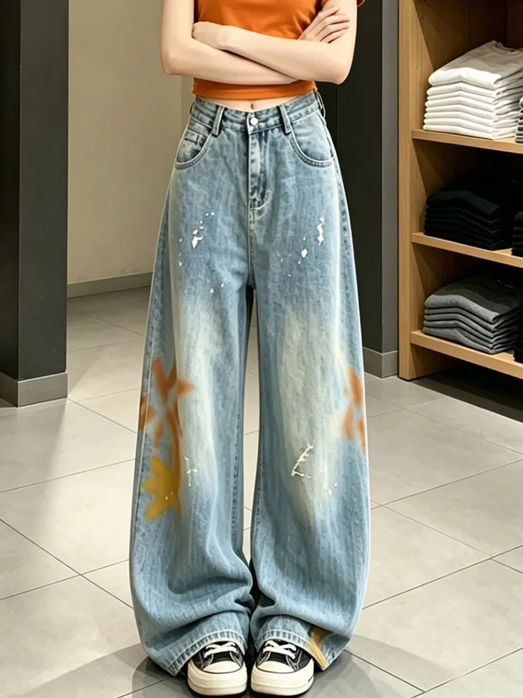 Street Style American Spicy Girl Graffiti Painted Worn-look Loose Floor-Length Jeans Women's New Autumn High Waist Wide Leg P...