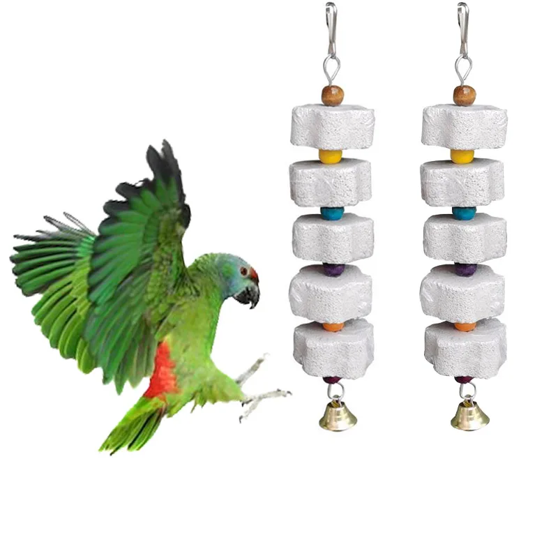 Bird Cage Toy Mineral Molar Stone Chewing Toy Flower Shape Hanging Type With Bells Sounding Toy For Parrot Bird Accessories