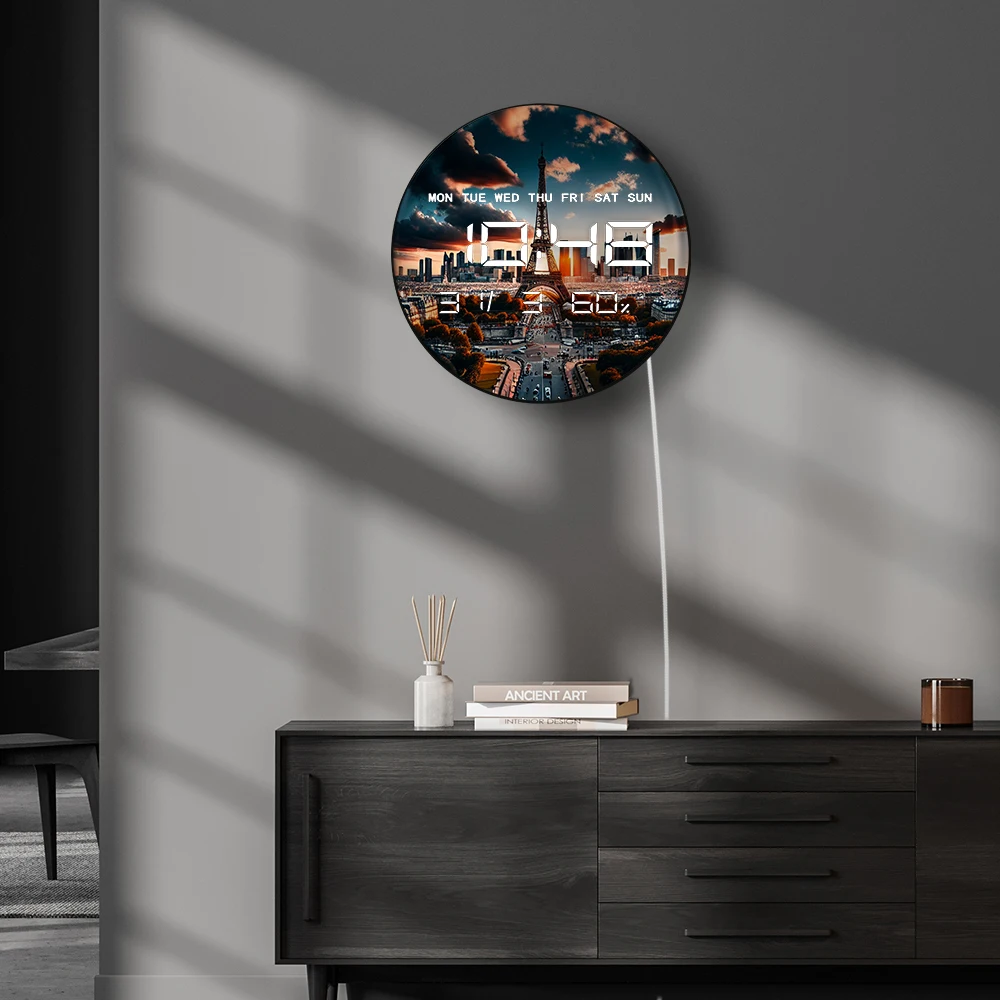 파리 스카이라인 모던 디자인 전자 벽시계 LED 자동 조광 디지털 타이머 날짜 온도 습도 달력 표시