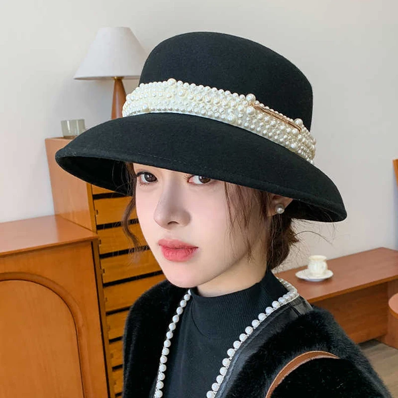 Hepburn fashion streetstyle black wide brim pearl wool bucket hat female vintage big hat for women