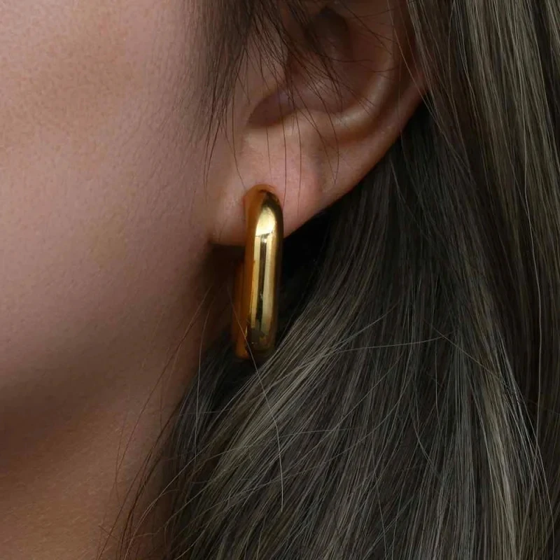 Smooth Gold Plated Stainless Steel Chunky Hoop Earrings for Women Simple C Shape Thick Hoops Female Punk Jewelry Party Gifts