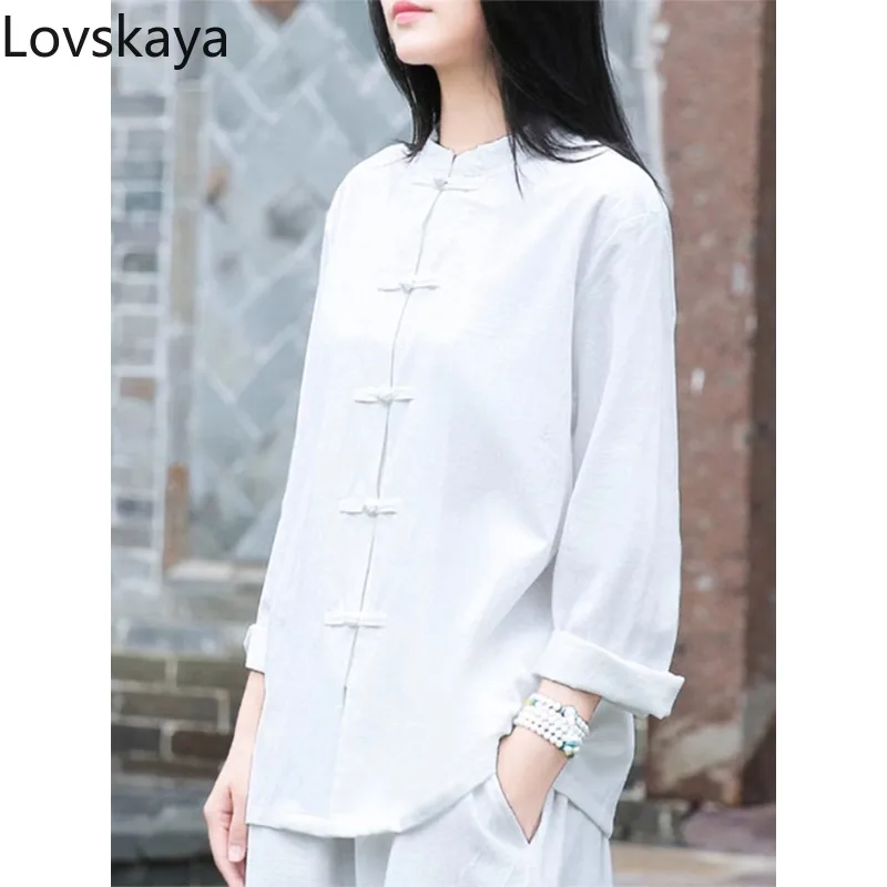 New Chinese style fashionable and loose fitting retro Tai Chi suit cotton and linen stand up collar shirt linen shirt top women