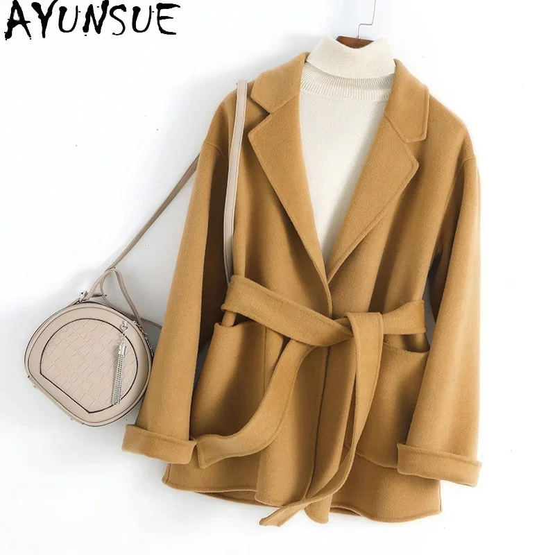 

Autumn AYUNSUE and Winter Double-sided Cashmere Coat Women's Suit Collar Slim 100% Pure Wool Short Thick Cardigan