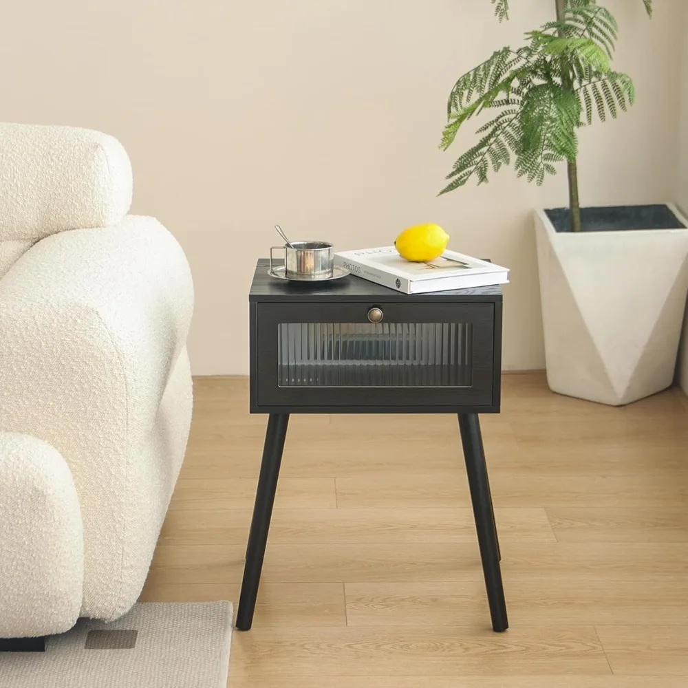 

Small Nightstand with Drawer, Black Modern Bedside Table with Storage, Side Table Bedroom End Table with Storage and Solid Wood