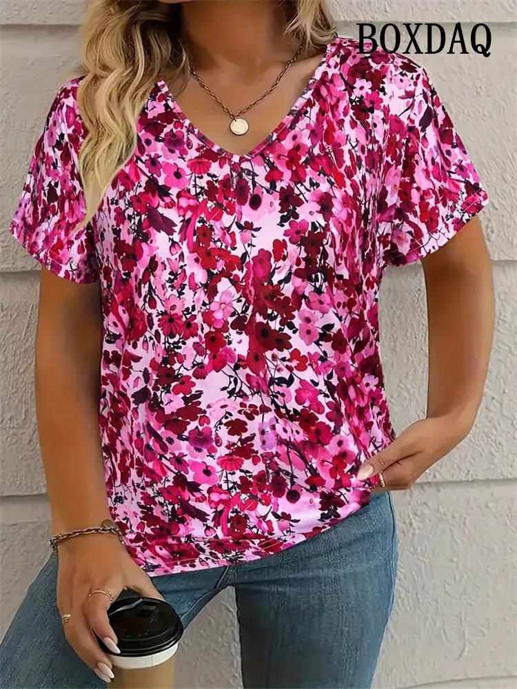 8XL Large Size T-Shirt Women Summer Casual Simple V-Neck Short-Sleeve Tee Shirt Vintage Floral 3D Print Loose Plus Size Tops 7XL