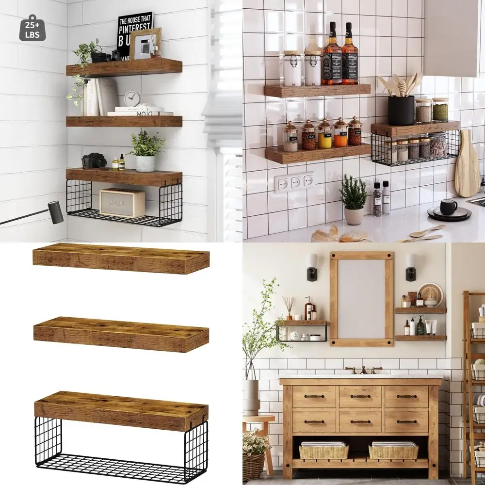 

Over-the-Toilet Wall Shelves - 3-Piece Rustic Brown Storage Set, 16 Inches