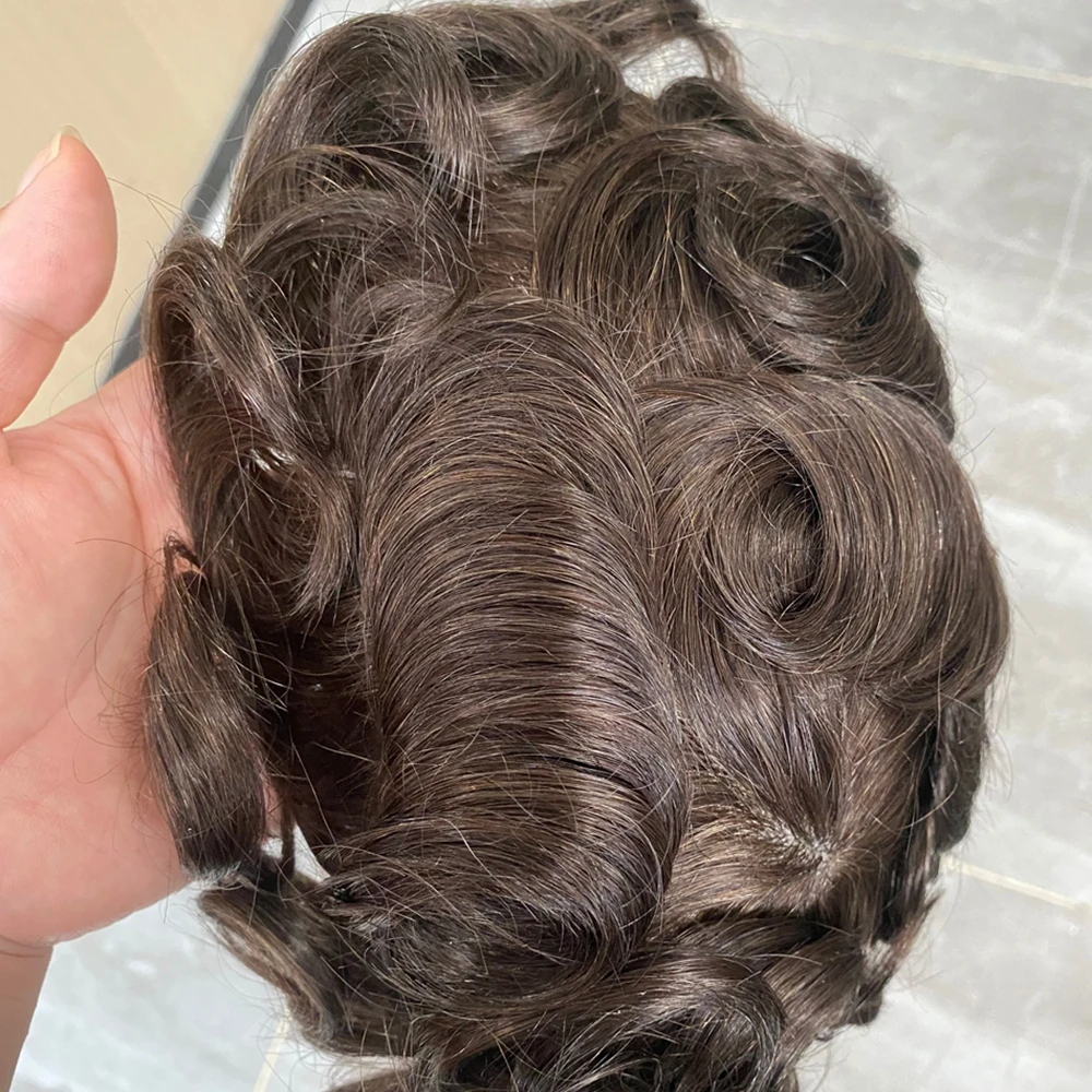 Hairloss Man Brown Black Grey Hair Replacement Human Hair Cheapest Skin Base Toupee Scalloped Natural Hairline Injected Poly Wig