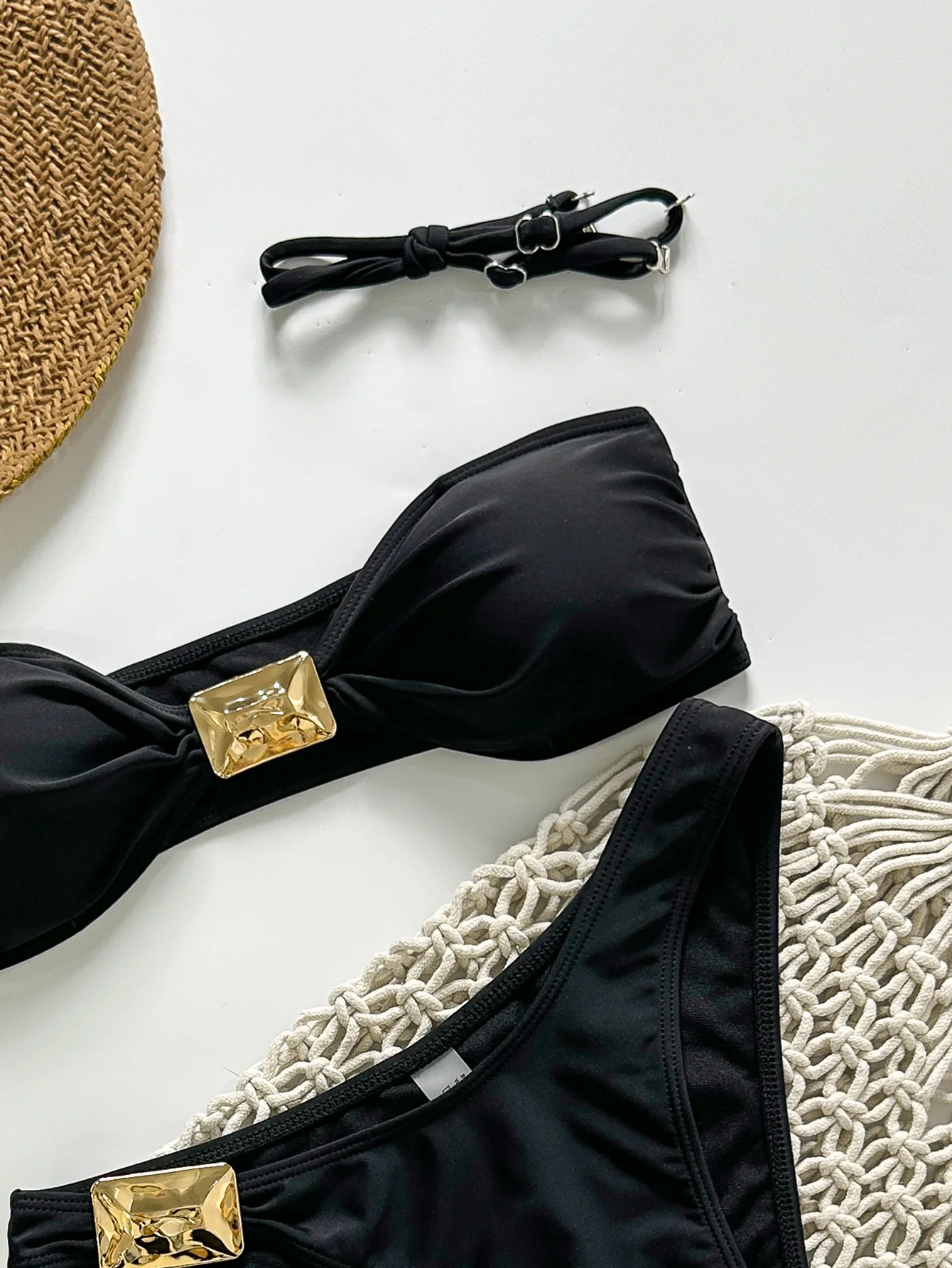 sexy black bandeau metal decoration bikinis sets two pieces high waist thong swimsuits bathing suit swimwear biquini tankini
