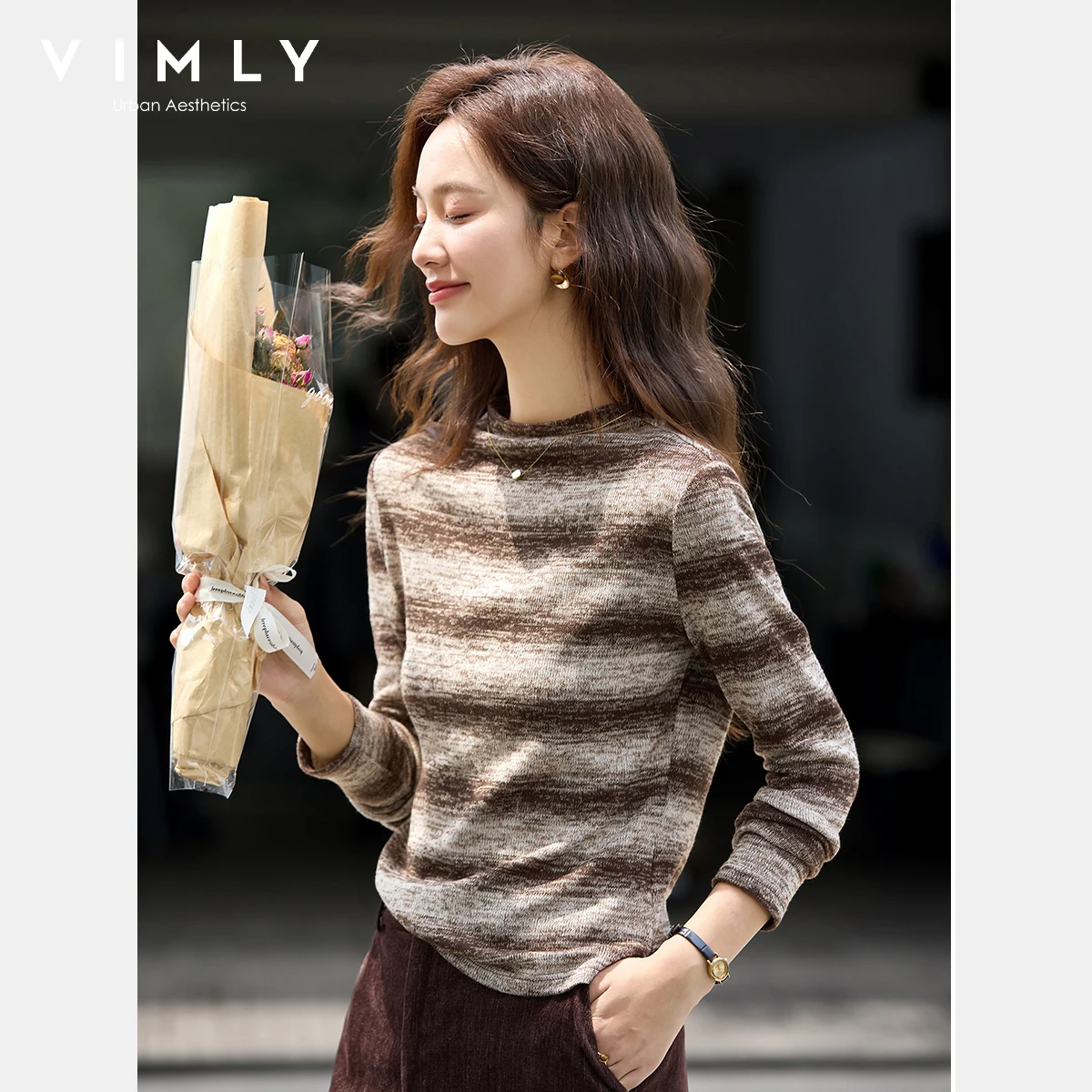 VIMLY Vrouw Bruin Gestreepte T-shirts Herfst 2025, Casual Gebreide Top Met Lange Mouwen, Elegant Gebreide Half Coltrui Dames Tees A3201