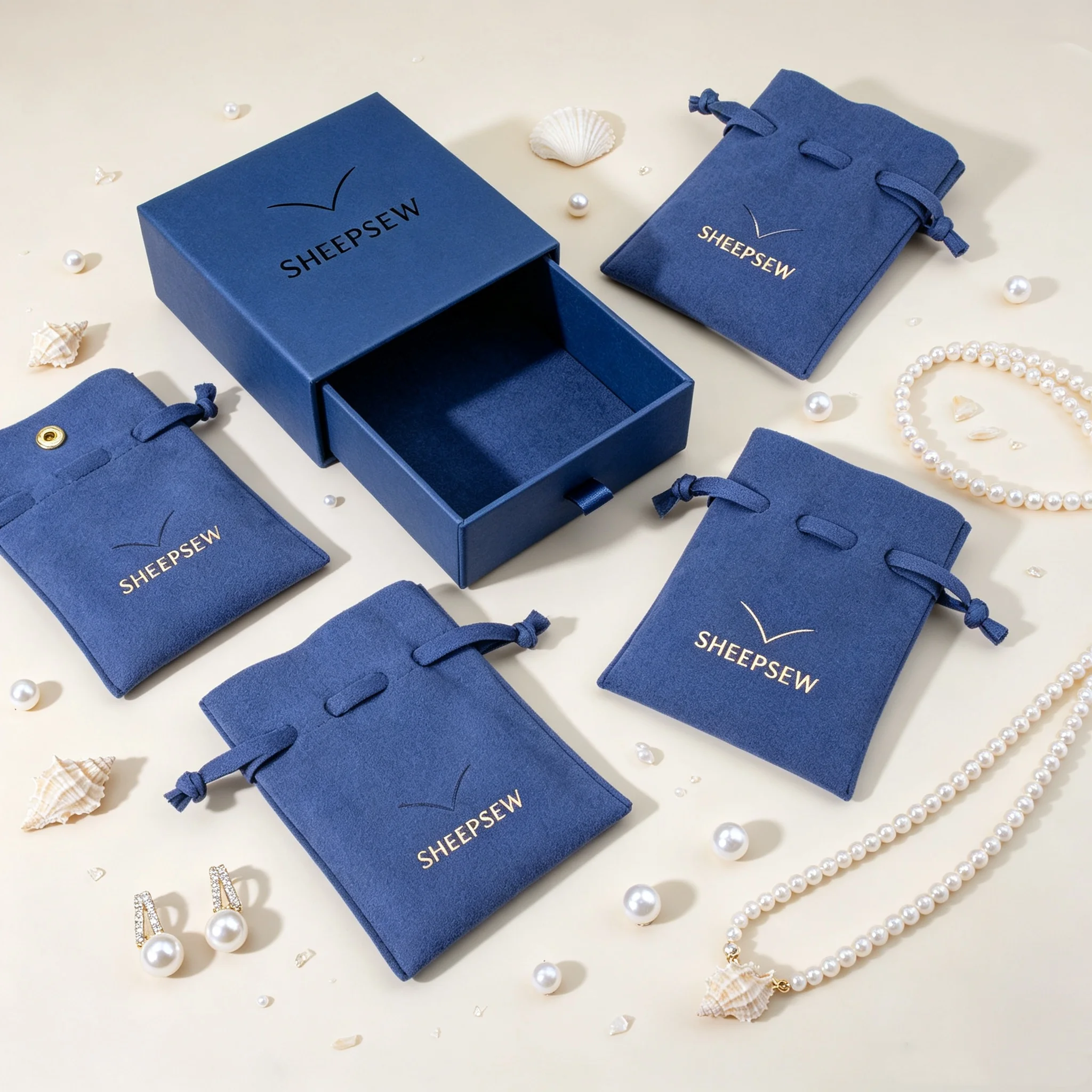 SheepSew Deep Blue Microfiber Suede Jewelry Storage Set Custom Deboss Printed Logo Jewelry Box And Pouch Portable Organizer For