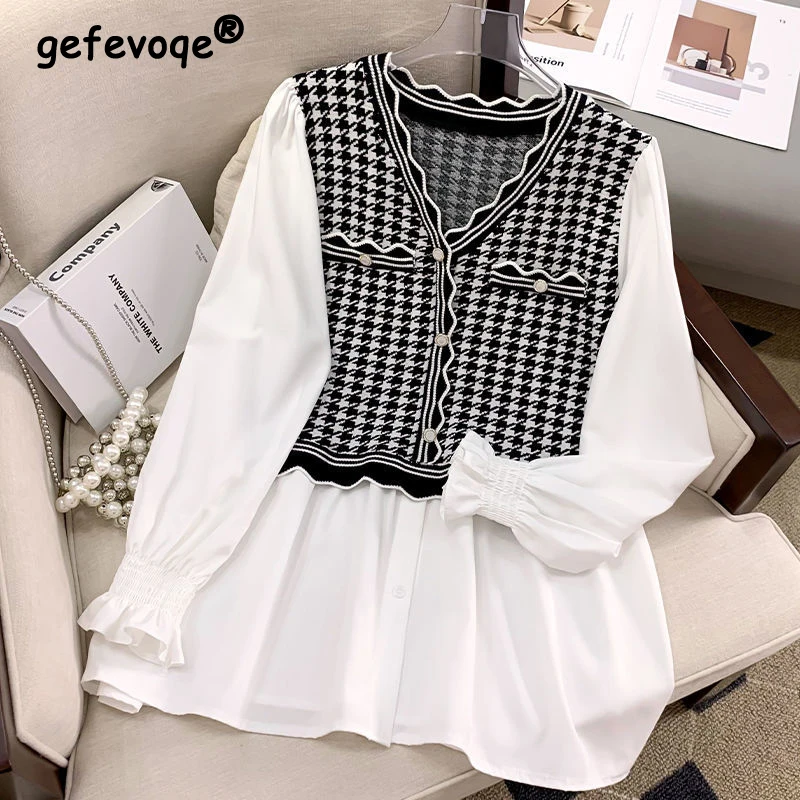 Women\'s Korean Fashion Houndstooth Print Patchwork Luxury Blouse Ruffle Elegant Chic V Neck Shirt Casual Long Sleeve Loose Tops