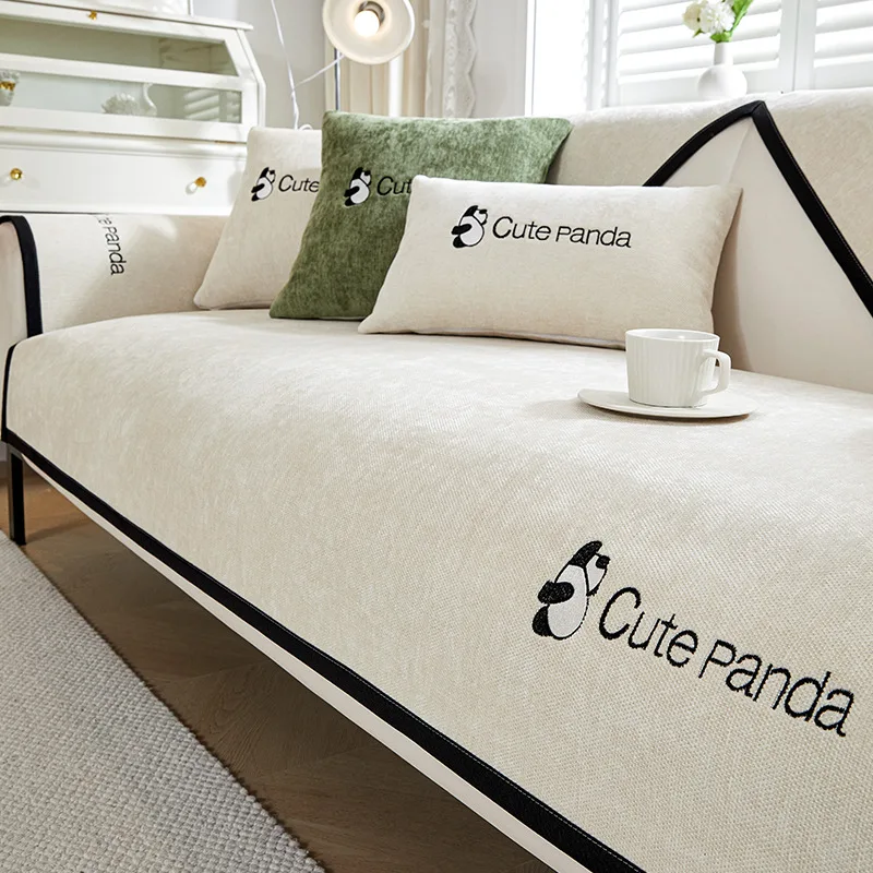 

Новый хлопковый льняной чехол для дивана, однотонный чехол для дивана с вышивкой панды для гостиной, нескользящий четырехсезонный универсальный чехол для дивана