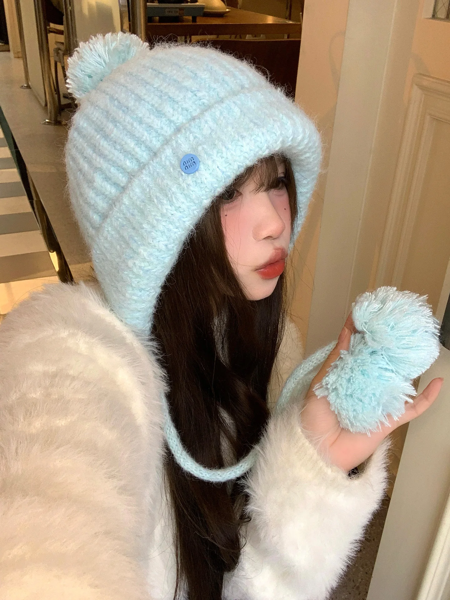 Thick Knitted Blue Furry Ball Hat Women's Winter Warm Ear Protection Cap Large Head Size Adjustable Casual Style Non-Regulable