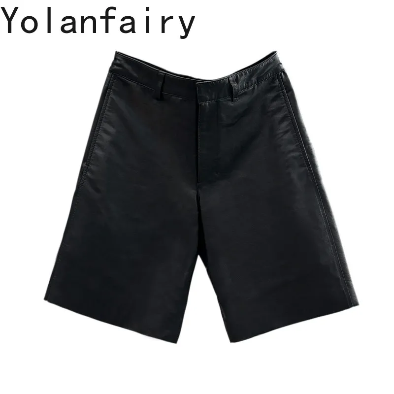 

YOLANFAIRY Real Cowhide Leather Pants for Woman 2026 Fashion Black Mid-length Pants Casual Genuine Leather Trousers Streetwear