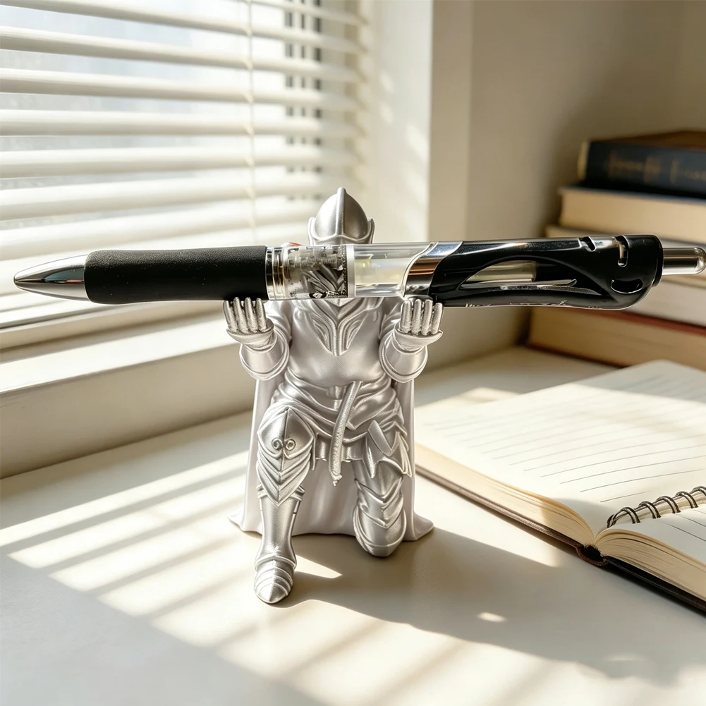Silvery Kneeling Knight Pen Holder Medieval Armor Pencil Stand Creative Desk Stationery Storage Ornament Ballpoint Office Decor