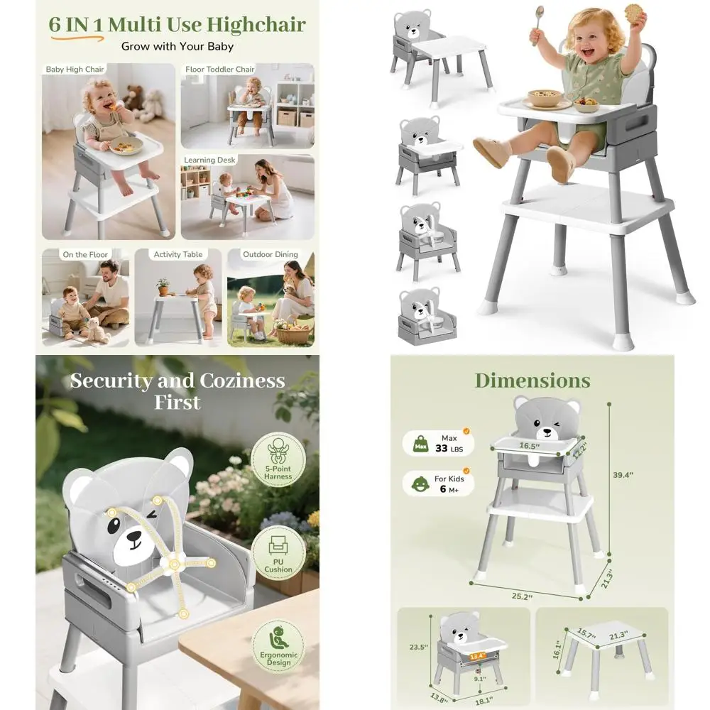 

Стульчик для кормления 6-в-1 с 5-точечными ремнями безопасности, съемным подносом, легкой очисткой, эргономичным дизайном и милой подушкой-медведем для малышей