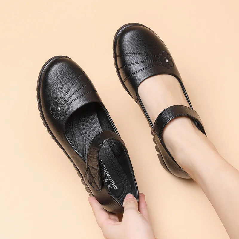 black flat spring shoes comfortable elderly woman mary jane flats ladies 1980s retro student uniform office shoes big size 42