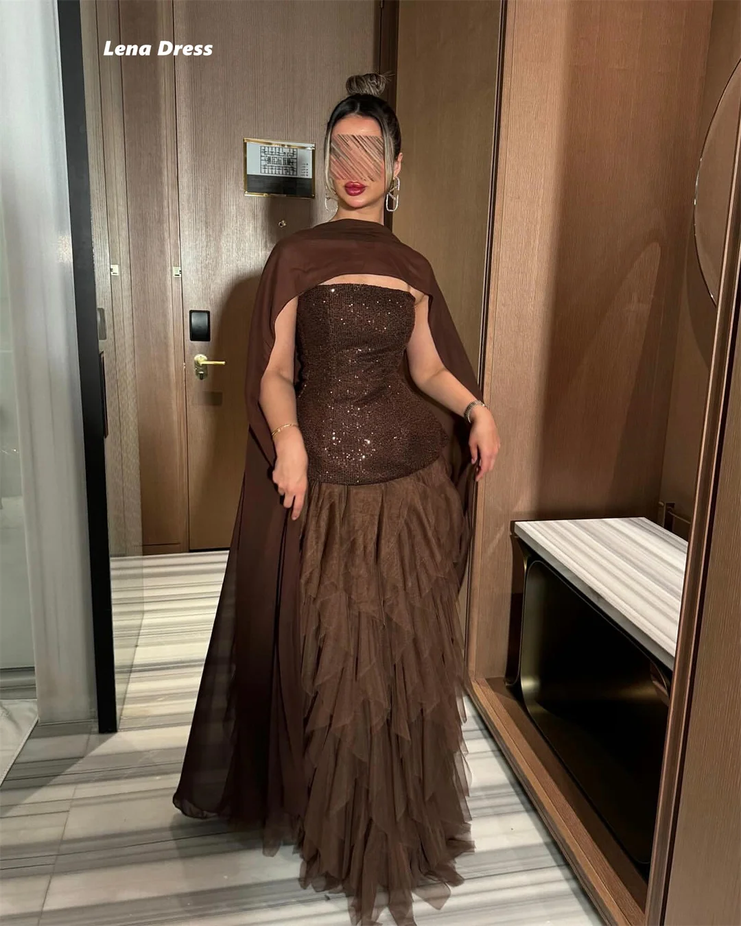 Lena Abendkleider für Damen, elegante Partykleider für Damen, 2025, maßgeschneidert, braun, glänzend, Schal, mehrschichtig, Luxus-Abschlussballkleid 2025,