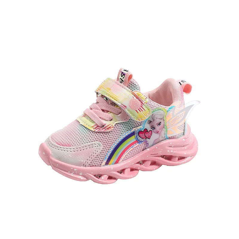 Disney-Tênis infantis respiráveis, roxo, rosa, luzes de led, casual, menina, princesa, nova rede, 2021