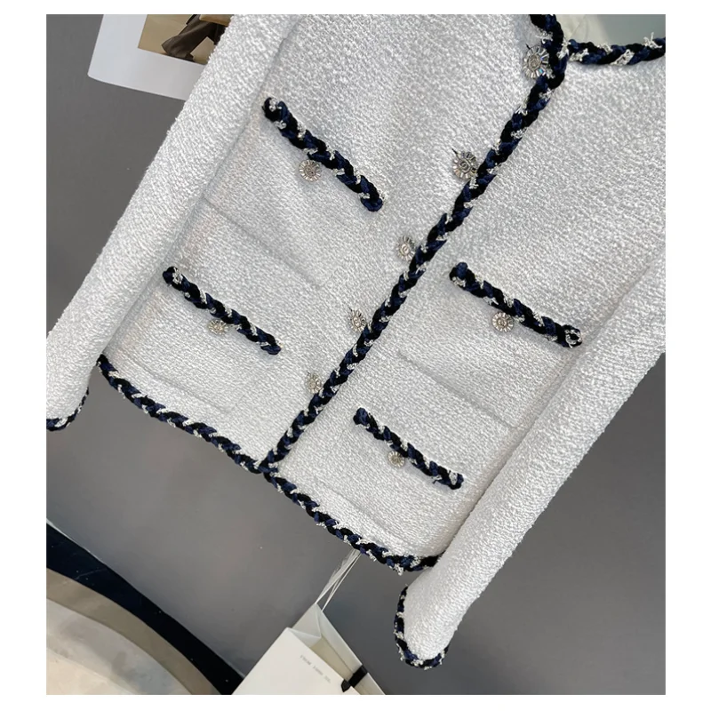 High Quality White Coat Women French Fragrance Luxury Tweed Color-blocking Lace Round Neck Elegant Basic Long Sleeves