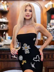 Modphy Top Quality Women Luxury diamonds Beaded Sexy Strapless Bodycon Mini Dress Rayon Bandage Fashion Nightclub Party Dress