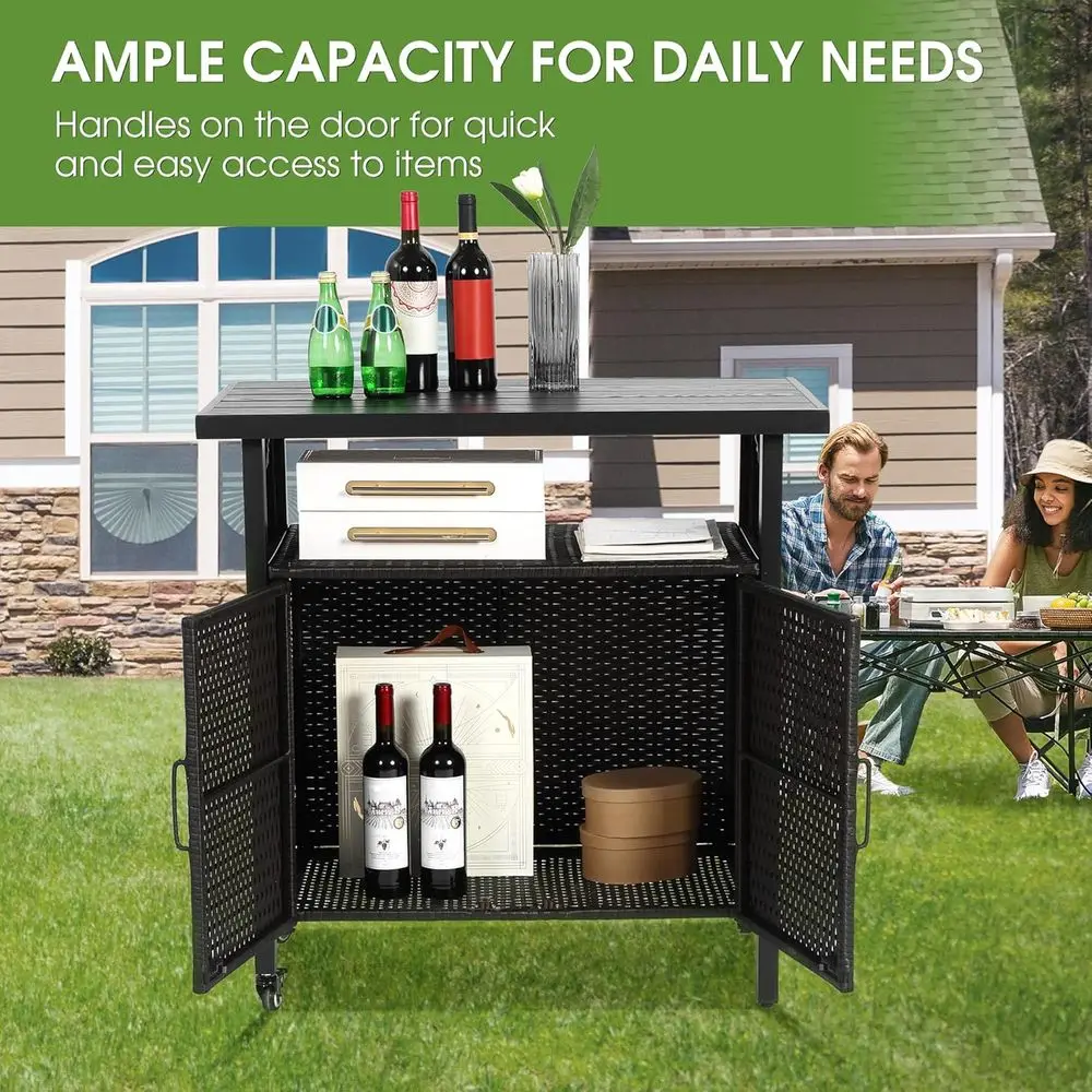 Portable Outdoor Bar Table with Storage, Wheeled Patio Serving Cart, Wicker Grill Prep Station, Rolling Kitchen Island for Backy