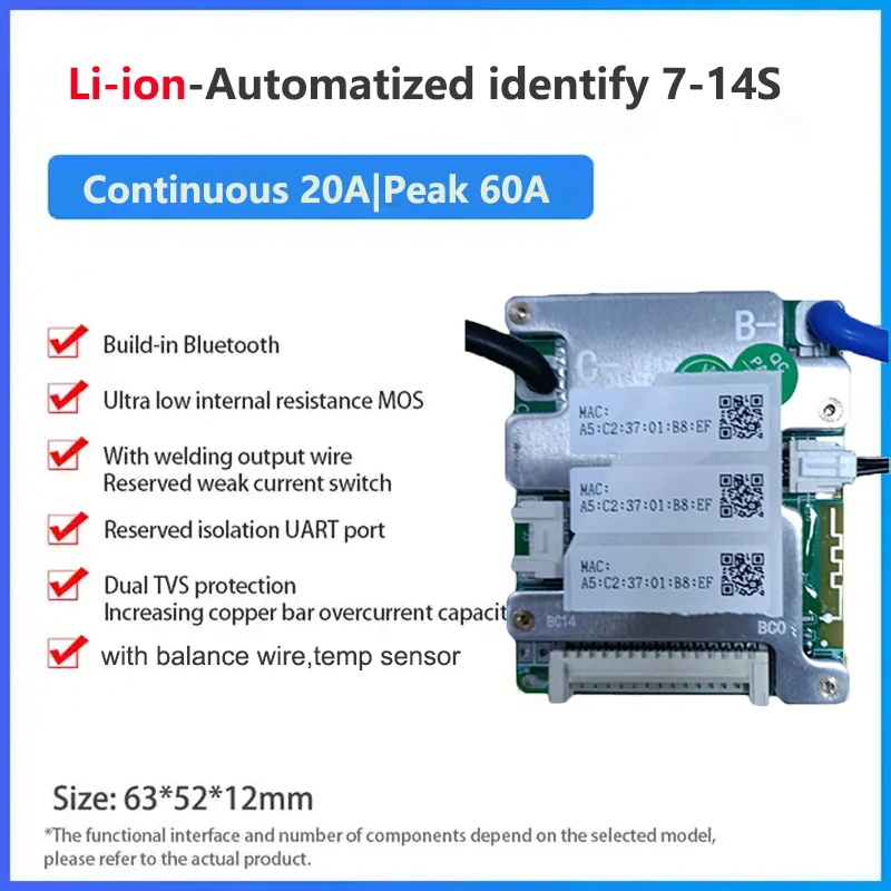 JBD UART 내장 블루투스 스마트 BMS, 배터리 관리 시스템, 도매, 7S, 8S, 24V, 10S, 11S, 36V, 13S, 14S, 48V, LiFePo4, NMC, 20A, 30A