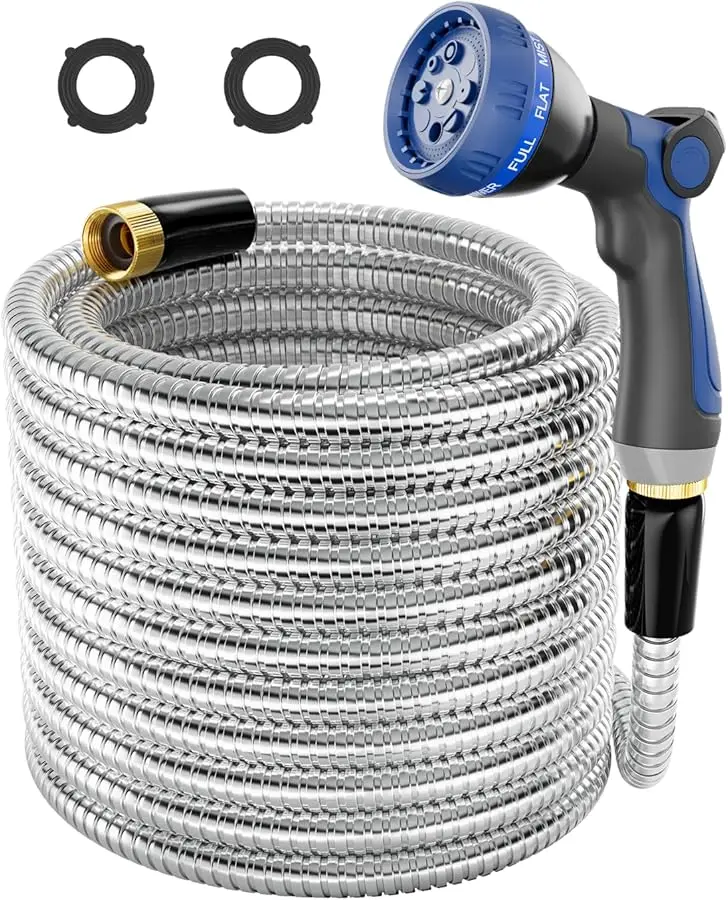 

1/2" 304 Stainless Steel Garden Hose, 50FT Water Pipe with Heavy Duty Metal Nozzle for Yard, Outdoor, Lawn - Flexible, Never Kin