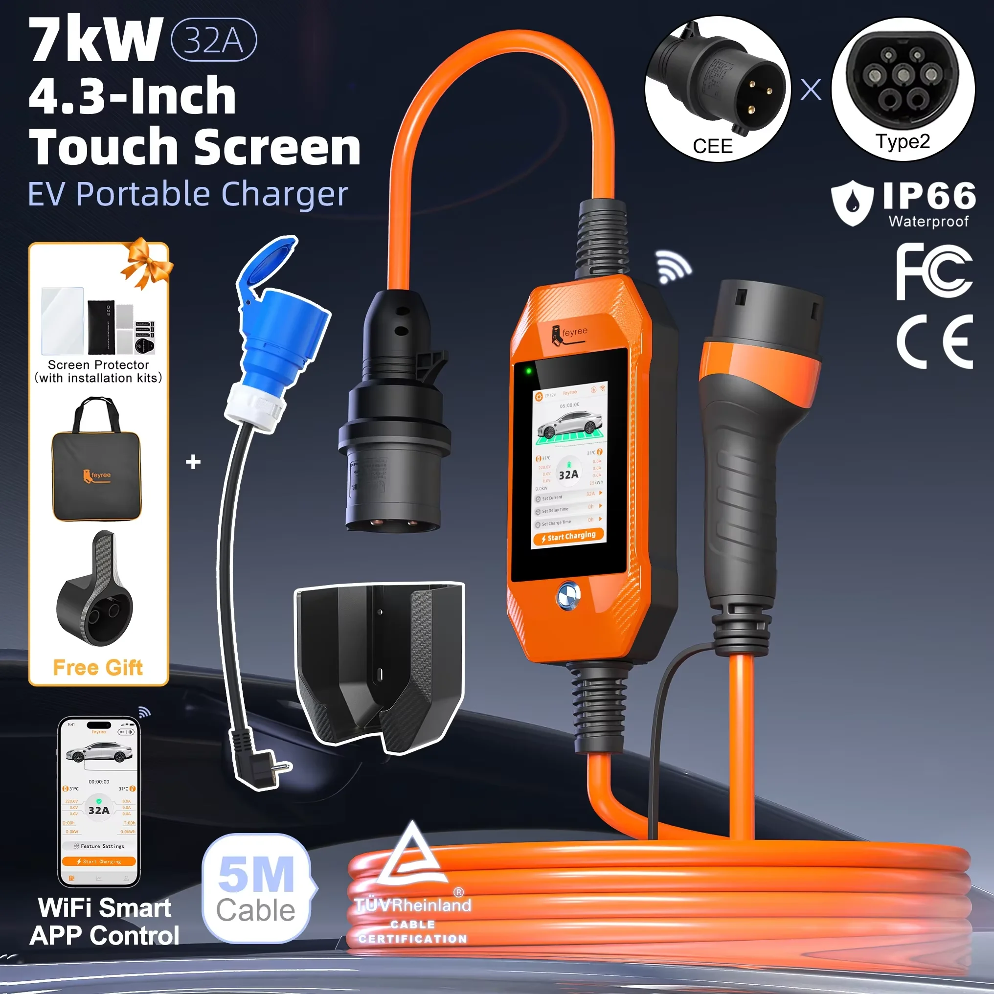 Feyree Touch Screen Type2 / Type1 / GBT / TS-NACS Socket EV Charger  Portable EV Charger 32A 7KW 1 Phase Smart APP Wi-Fi Control