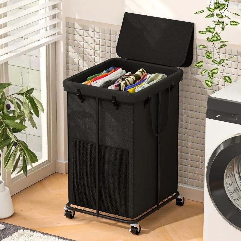 

Oxford Fabric Laundry Hampers, Metal Frame and Removable Bag Design with Wheels, Suitable for Bedroom, Bathroom,