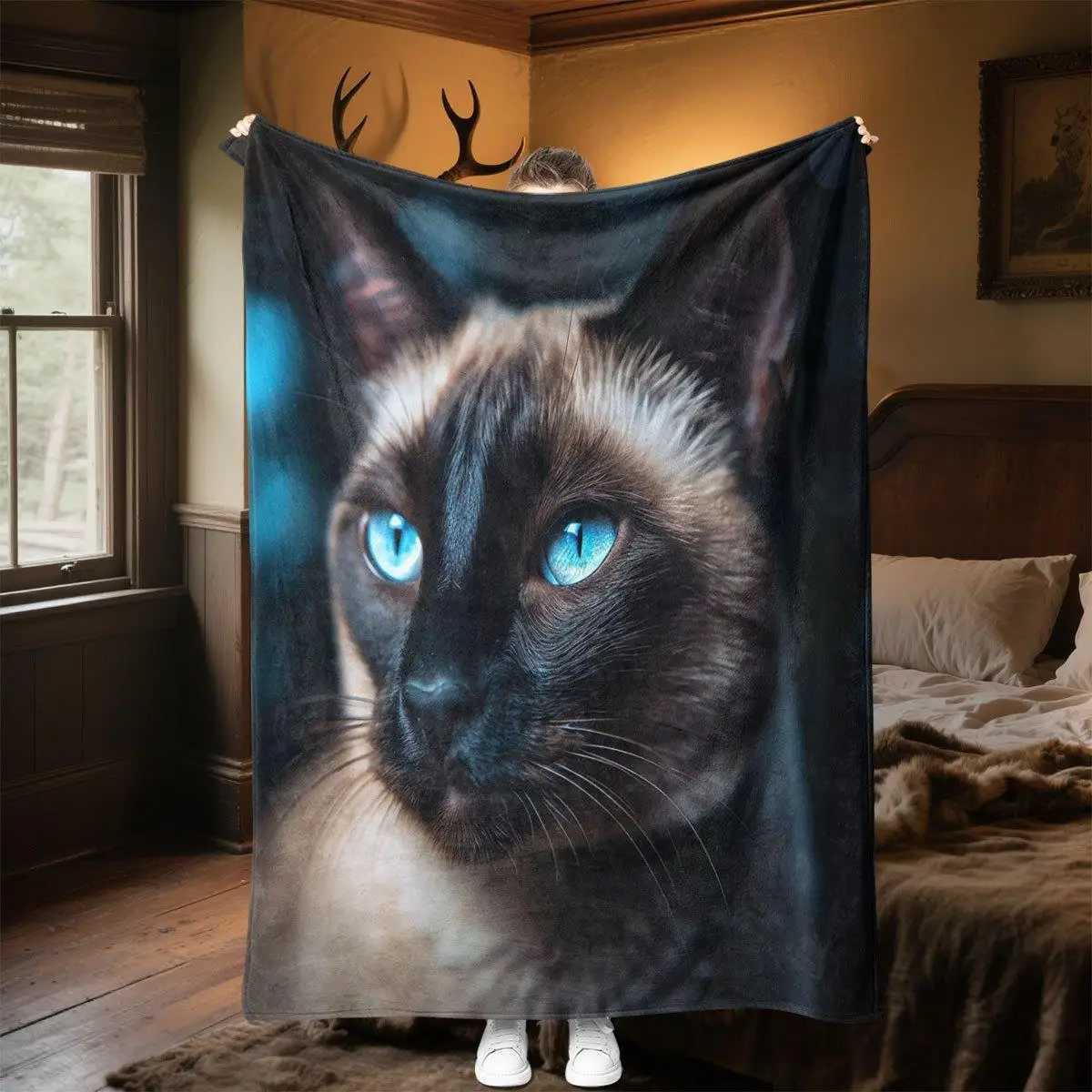 Luxury  Siamese Cat Plush Blanket - Ultra-Soft Flannel All-Season Cozy Throw with Siamese Cat Face & Blue Eyes, Warm Bedsp