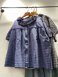 Bust 128cm Mori girl summer Japanese style lace collar blue black checkered shirts and blouses for women 100% cotton vintage top