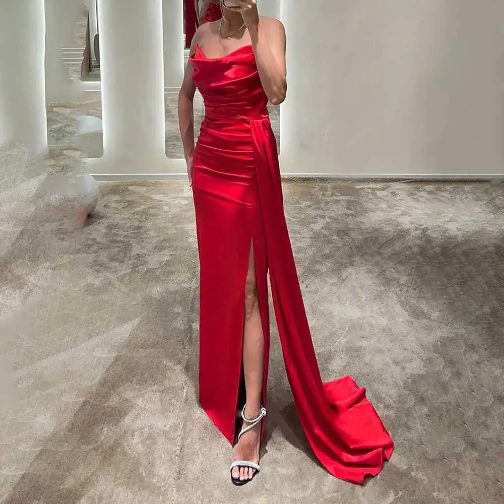 

Elegant Sleeveless Strapless Pleated Side Slit Evening Dress For Women Prom Dresses Formal Gowns Cocktail Wedding Guest Dresses