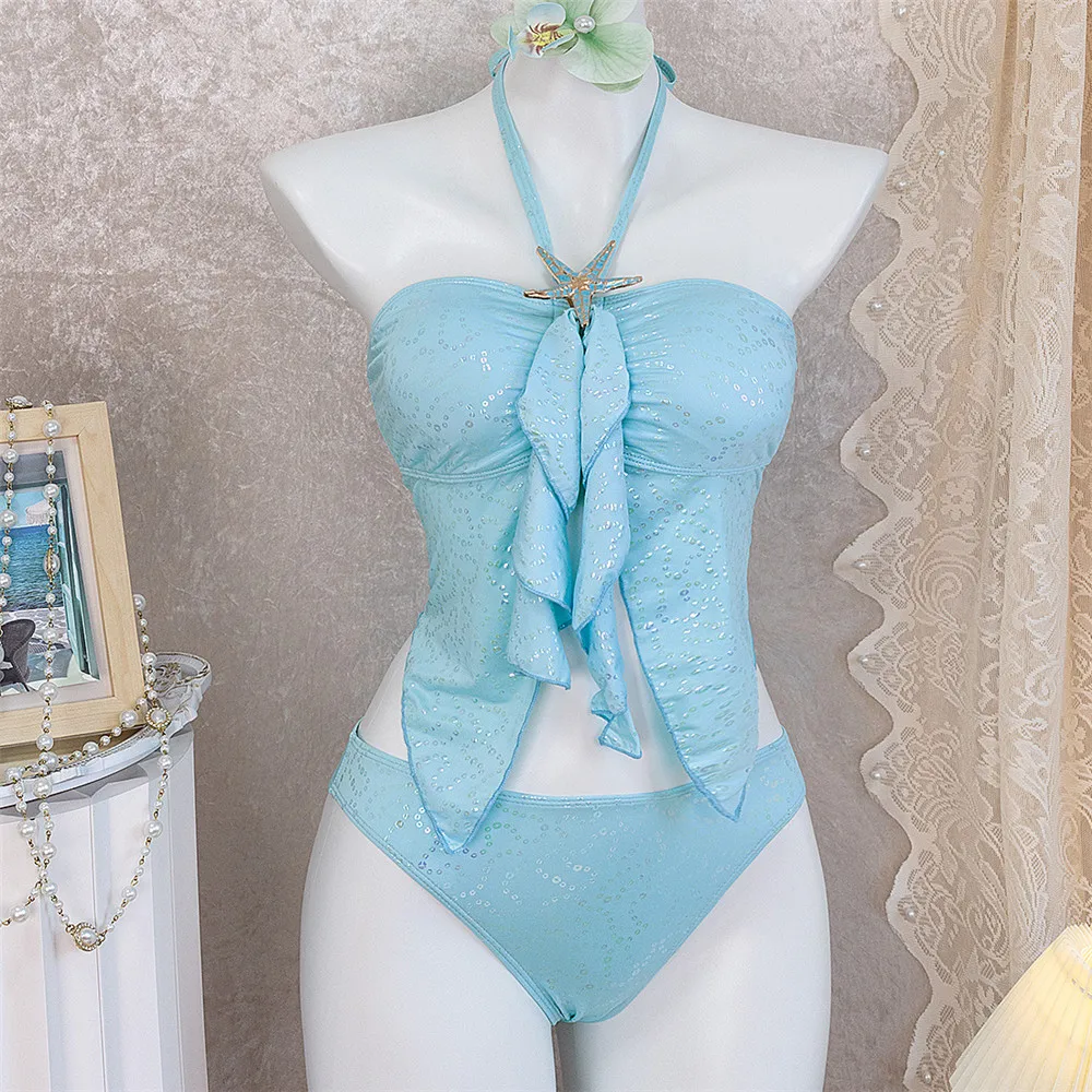 

Light Blue String Halter Sexy Bikinis Sets Metal Starfish Swimsuit Women 2026 Ruffled Bow Swimwear Brazilian Bikinis De Mujer