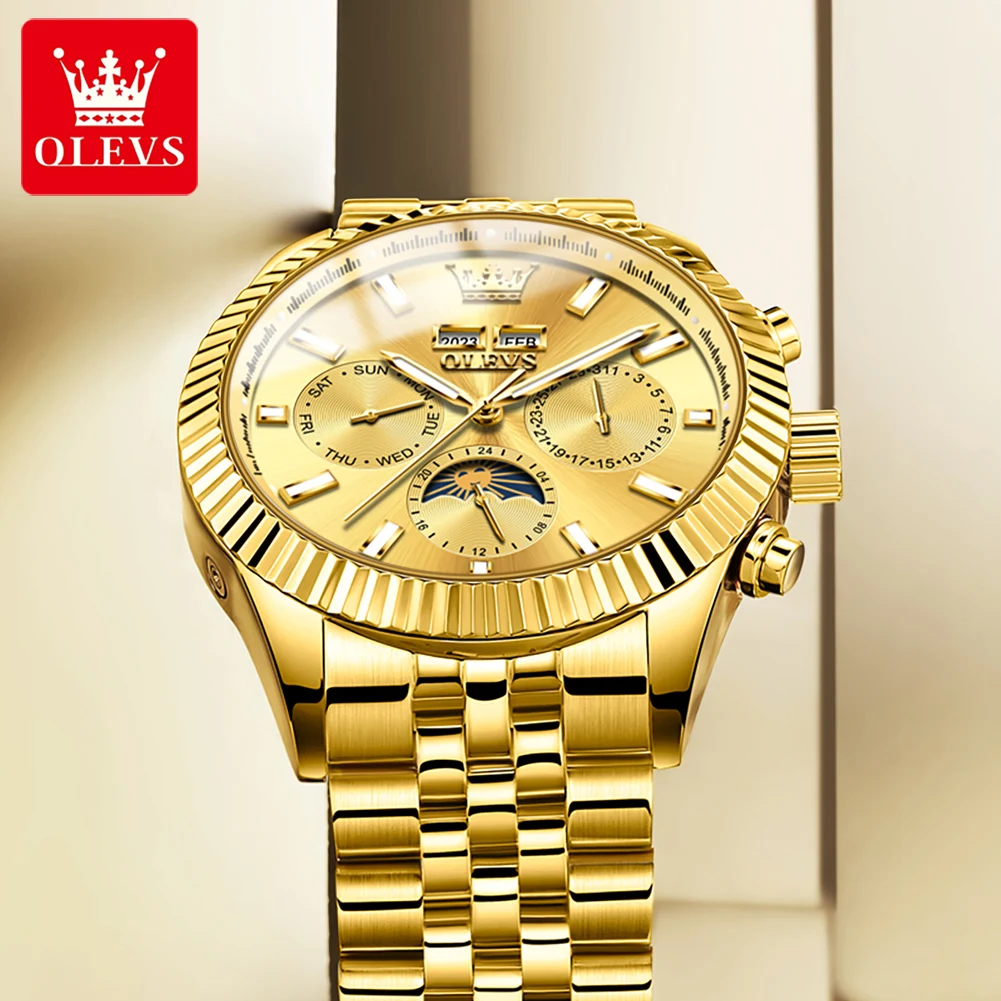 OLEVS Luxury Fully Automatic Mechanical Watch Top Brand Multi functional Gold Calendar Week Waterproof Moon Phase Men's Watch