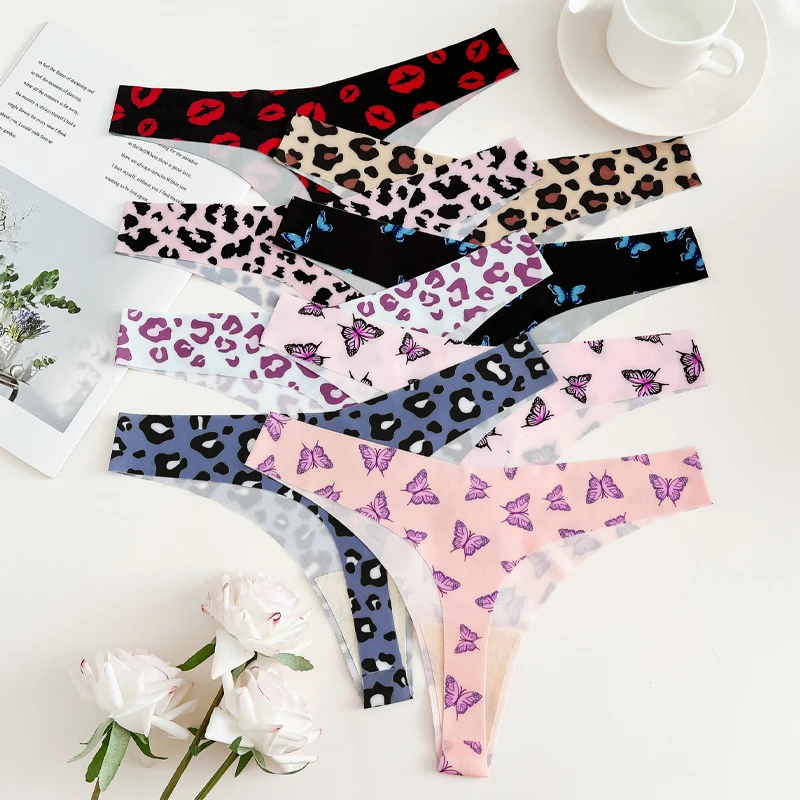 5Pcs Ice Silk Graphic Print Thongs Women's Sexy Seamless Leopard G Strings Low… - Image 2