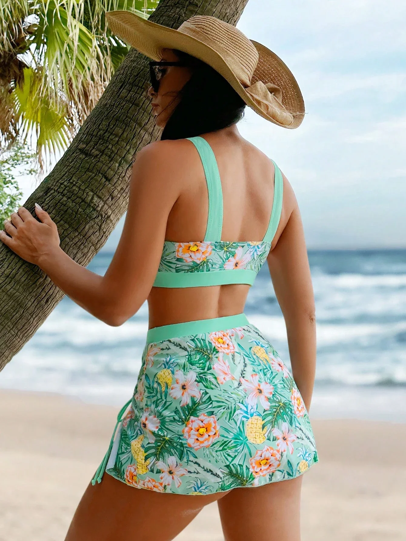

Tropical Print Drawstring Bikini Set With Beach Skirt